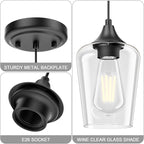 Ralbay Matte Black Industrial Pendant Light 3-Pack, Pendant Light Fixtures with Wine Clear Glass Shade, Adjustable Height for Kitchen Island, Farmhouse Dining Room Hanging Lighting Fixture