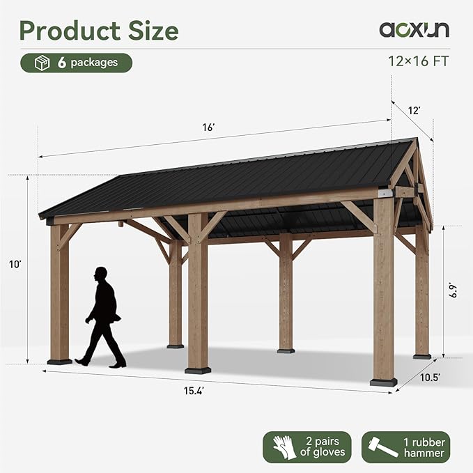 Aoxun 12' x 16' Outdoor Wood Gazebo, Hardtop Gazebo Permanent Wooden Pavilion with Galvanized Steel Gable Roof, for Patio, Garden, Deck, Cedar Wood