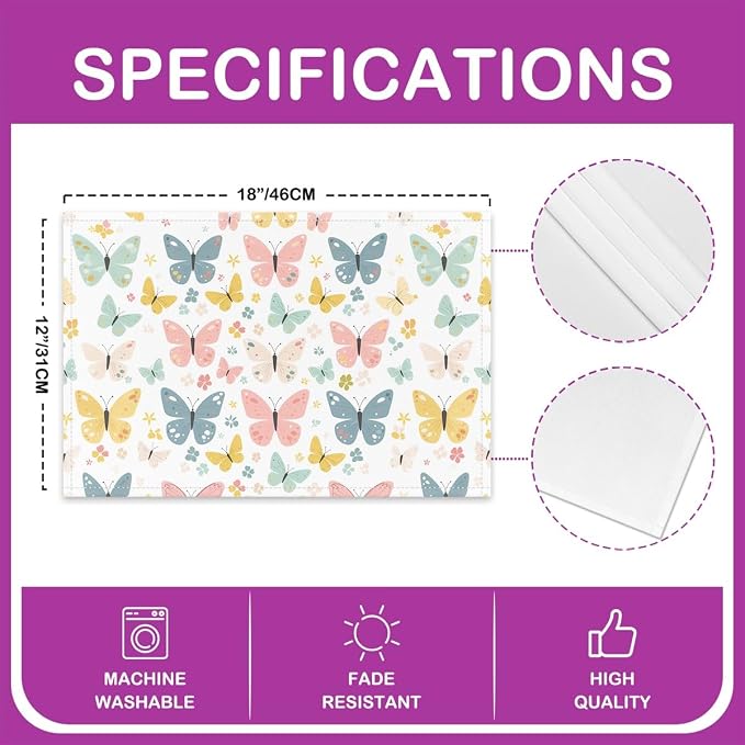 Feelyou Butterfly Table Mats Placemat Butterflies Print Placemats Set of 4 Placemats for Dining Table Indoor Outdoor Kitchen Kitchen Dining Table Butterfly Floral Decor Table Place Mats 12"x18"