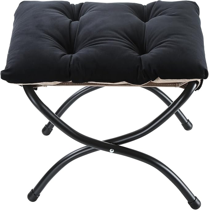 15" Foldable Foot Stool Ottoman with Metal Frame - Washable Black Upholstered Indoor/Outdoor Footrest for Living Room, Bedroom, Patio - Space-Saving Compact Design