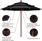 EliteShade USA 10-Year-Non-Fading 11Ft 3 Tiers Market Umbrella Patio Outdoor Cylinder Auto Push-up Table Umbrella with Ventilation, Black
