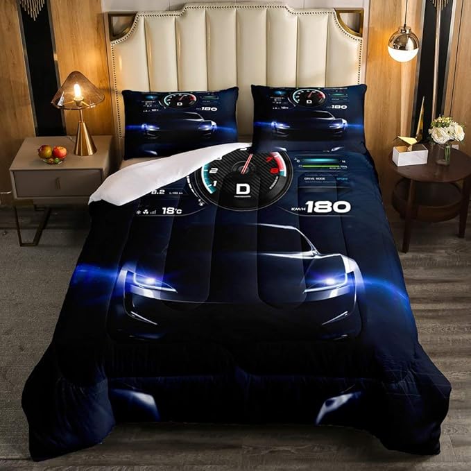Erosebridal Teens Race Car Comforter Set Full Size, Kids Cool Speed Racing Car Quilt Set, Extreme Sport Bedding Set for Boys Youth Adult Bedroom, Black Automobile Quilted Duvet for Bedroom