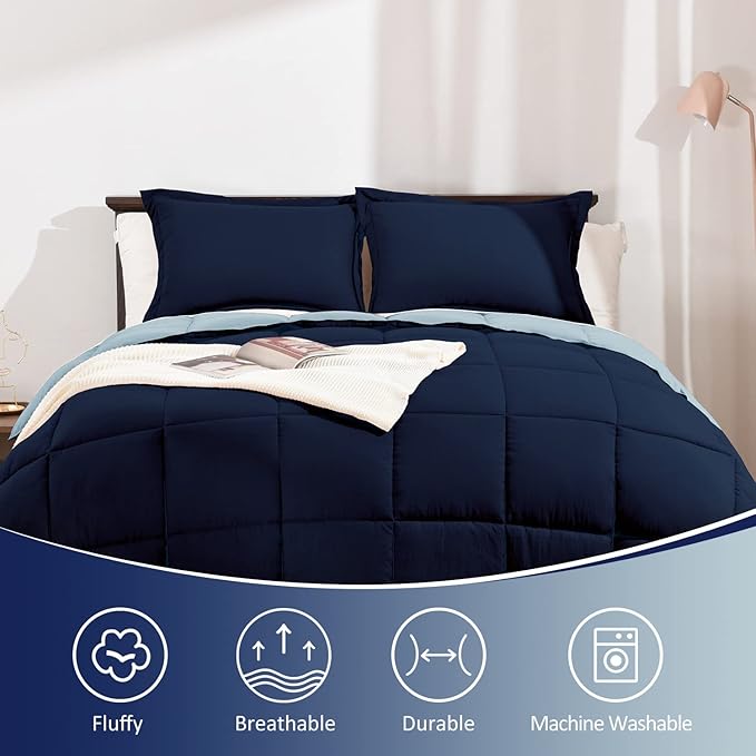 Basic Beyond Queen Comforter Set - Fluffy Comforter Queen Set for All Seasons - Reversible Blue Comforter Set Queen for Mens - 3 Pieces (1 Comforter + 2 Pillow Shams) - Blue/Sapphire