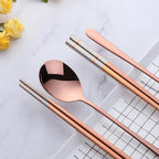 Buyer Star Stainless Steel Korean Chopsticks Spoons and Fork Set, 2 Pack Reusable Forks and Spoons Silverware Korean Utensil Set, Portable Utensils Dinnerware for Home (Rose Gold)