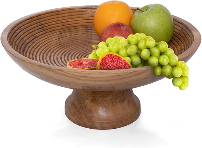 Folkulture Wooden Fruit Bowl for Kitchen Counter | 12" Large Premium Eco Friendly Banana Fruit Basket for Kitchen | Acacia Wood Bowl with Holder, Pedestal for Table Decor, Centerpiece for Dining Table