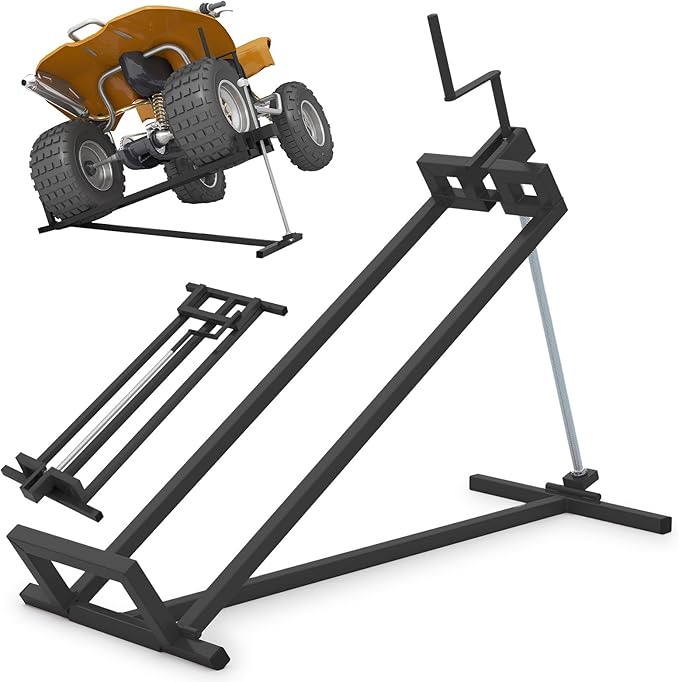 Goplus Lawn Mower Lift, 880LBS Folding Riding Mower Lift Jack with Adjustable Height, Manual Handle, Rotating Sleeve, Heavy Duty Lawn Tractor Lift, Zero Turn Mower Lift for Garden Farm, No Assembly