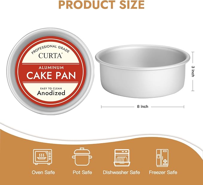 8 Inch Round Cake Pan, 8x3 inch 2 Set Anodized Aluminum Round Baking Pan, Small Cake Pan Non-Toxic & Heavy Duty, Deep Side, Easy Clean & Dishwasher Safe