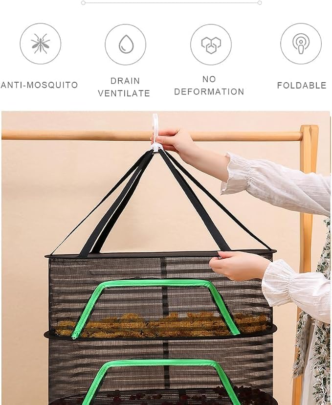 Foldable Drying Net for Vegetables, Fish, and Dehydrated Goods, Multi-Tiered Food Drying Net, Versatile Drying Rack, Windproof Design, Zipper Closure for Insect Protection Dual Layer Black