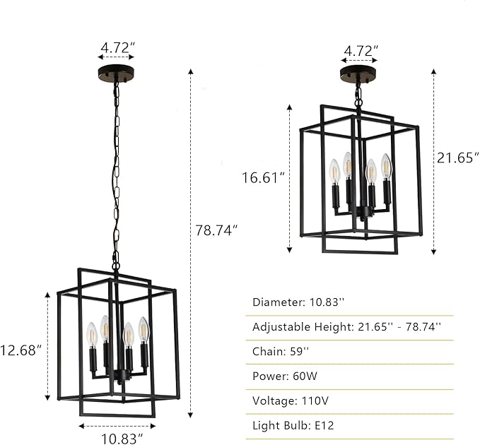 4-Light Vintage Black Chandelier, Foyer Lighting Fixtures Farmhouse Chandeliers for Dining Room, Modern Industrial Lantern Pendant Light for Kitchen Island Entryway Stairway