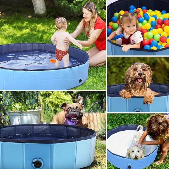 Foldable Dog Pool, Portable Pet Bath Tub and Kiddie Swimming Pool, Collapsible Bathtub for Puppies, Small, Medium and Large Dogs, Cats and Kids, 71 x 12 in, Blue