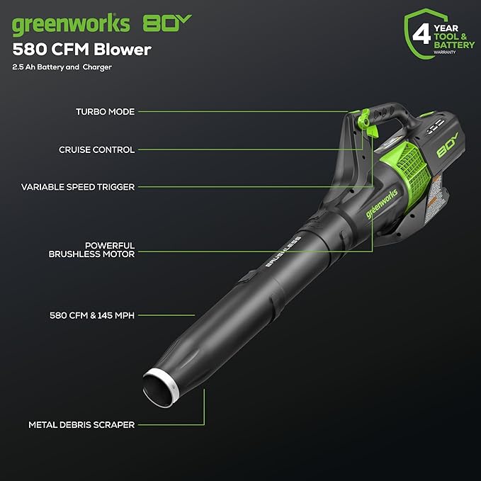 Greenworks Pro 80V (145 MPH / 580 CFM) Brushless Cordless Axial Leaf Blower, 2.5Ah Battery and Charger Included BL80L2510 & PRO 80V 2.0Ah Lithium-Ion Battery (Genuine Battery)