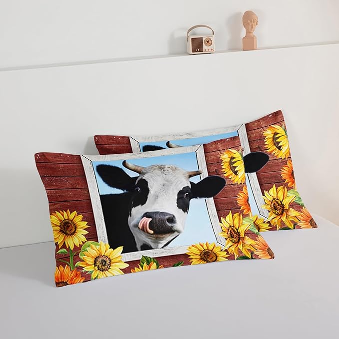 HOSIMA Farmhouse Animal Cow Comforter with 2 Pillowcases,Wooden Decor Terracotta Comforter for Adults Teens,Cow Print Bedding Room Decor,Sunflower Full Size Comforter Set.