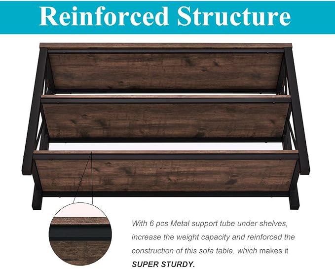 BON AUGURE Rustic Entryway Table, Farmhouse Hallway Table, Console Tables for Entryway, 3 Tier Sofa Tables for Living Room, Industrial Entry Table (47 Inch, Rustic Oak)