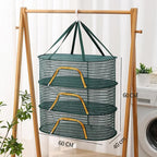 Foldable Drying Net for Vegetables, Fish, and Dehydrated Goods, Multi-tiered Food Drying Net, Versatile Drying Rack, Windproof Design, Zipper Closure for Insect Protection (Dark green, Triple Layer)