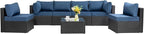 Shintenchi 7 Pieces Outdoor Patio Sectional Sofa Couch, Black Wicker Furniture Conversation Sets with Washable Cushions & Glass Coffee Table for Garden, Poolside, Backyard (Aegean Blue)