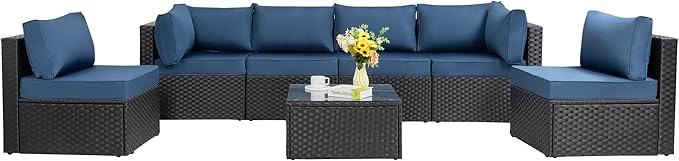 Shintenchi 7 Pieces Outdoor Patio Sectional Sofa Couch, Black Wicker Furniture Conversation Sets with Washable Cushions & Glass Coffee Table for Garden, Poolside, Backyard (Aegean Blue)