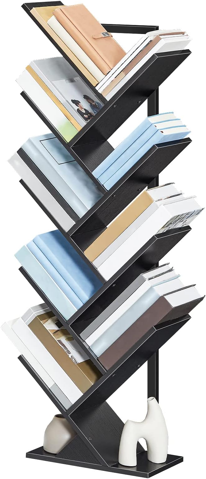 HOOBRO Tree Bookshelf, 9-Tier Bookcase Wooden Shelves, Floor Standing Storage Rack, for Display of CDs, Books in Living Room, Home Office, Wood Storage Rack for Bedroom, Black BB08SJ01G1