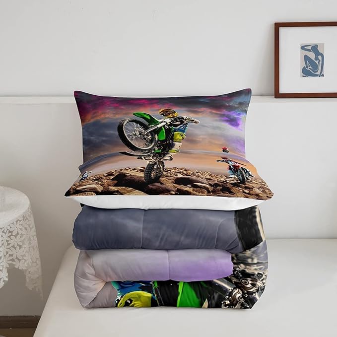 Dirt Bike Comforter Set for Boys Bedroom Motocross Rider Extreme Sports Duvet Insert Mountain Bike Bedding Quilted Set Kids Motorcycle Motorbike Down Comforter,Soft Lightweight for All Season,King