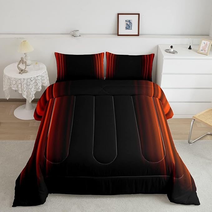 Geometric Abstract Ombre Comforter Set Kids Teens Orange Red and Black Striped Bedding Bed Set Decor Modern Fashion Comforter Inner Fill Bedroom Collection 2Pcs Twin Size