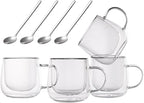 Double Wall Glass Coffee Mugs 10 Oz with Handle - Set of 4 | Insulated Clear Espresso Coffee Mug with Handle, Double Walled Coffee Cups for Cappuccino, Latte, Tea, Hot Drinks