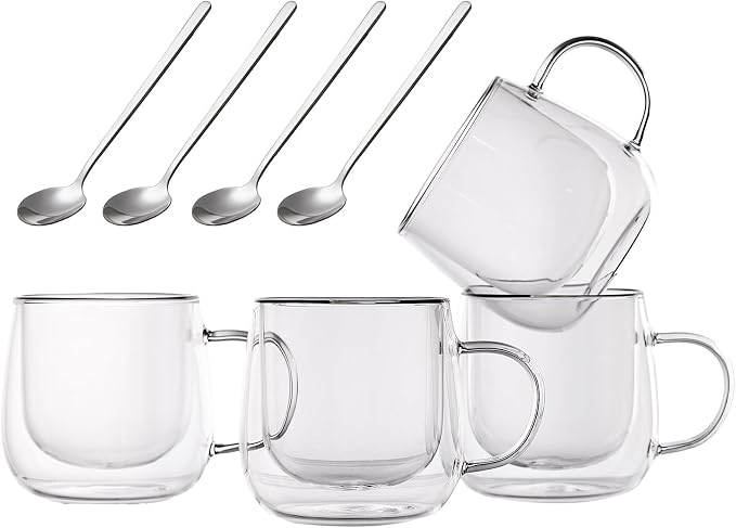 Double Wall Glass Coffee Mugs 10 Oz with Handle - Set of 4 | Insulated Clear Espresso Coffee Mug with Handle, Double Walled Coffee Cups for Cappuccino, Latte, Tea, Hot Drinks