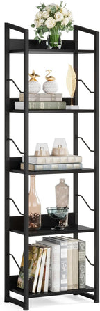 5 Tier Narrow Bookshelf: Tall Bookcase Book Shelf for Bedroom, Industrial Modern Bookshelves for Small Spaces (Black)