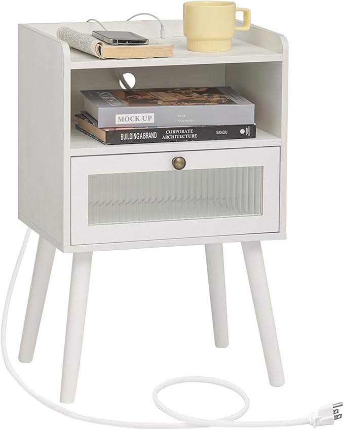 AWASEN White Nightstand with Charging Station, Modern Bedside Table with Glass Decorative Drawer, Small End Side Table with 2 Tiers Storage Space, for Bedroom, Office and Small Space(White)