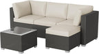 GAOMON 5-Piece Outdoor Patio Rattan Wicker Sofa Set, Pe Rattan Conversation Sectional with Thickened Back Cushion, Glass Tabletop, Ottoman - Ideal for Courtyard Space, Beige
