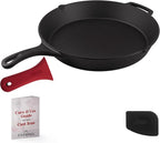 Cast Iron Skillet + Pan Scraper - 15"-Inch Pre-seasoned Frying Pan + Heat-Resistant Silicone Handle Grip - Oven-Safe Kitchen Cookware - Indoor/Outdoor Use - Camping, Grilling, BBQ, Open Fire Safe