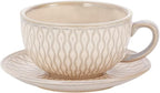 Coffeezone Vintage Design 12 oz Ceramic Latte Art Cappuccino Barista Cup with Saucer (Embossed Beige)