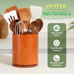 Wood Utensil Holder, 360° Rotating 7.3 in Kitchen Organizer | Rustic farmhouse countertop decor. 360° rotating base holds spatulas, ladles, tongs, and cooking tools. Rich cherry finish