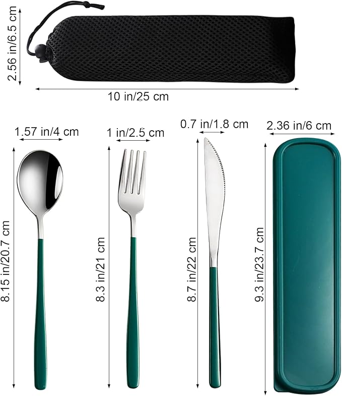 VANRA 3-Piece Portable Travel Utensils Set with Case 18/8 Stainless Steel Flatware Set Reusable Cutlery Set with Fork Spoon Knife for Lunch Travel Camping School Work Picnic (Deep Green)