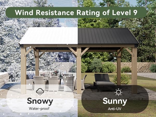 Aoxun 12' x 16' Outdoor Wood Gazebo, Hardtop Gazebo Permanent Wooden Pavilion with Galvanized Steel Gable Roof, for Patio, Garden, Deck, Cedar Wood