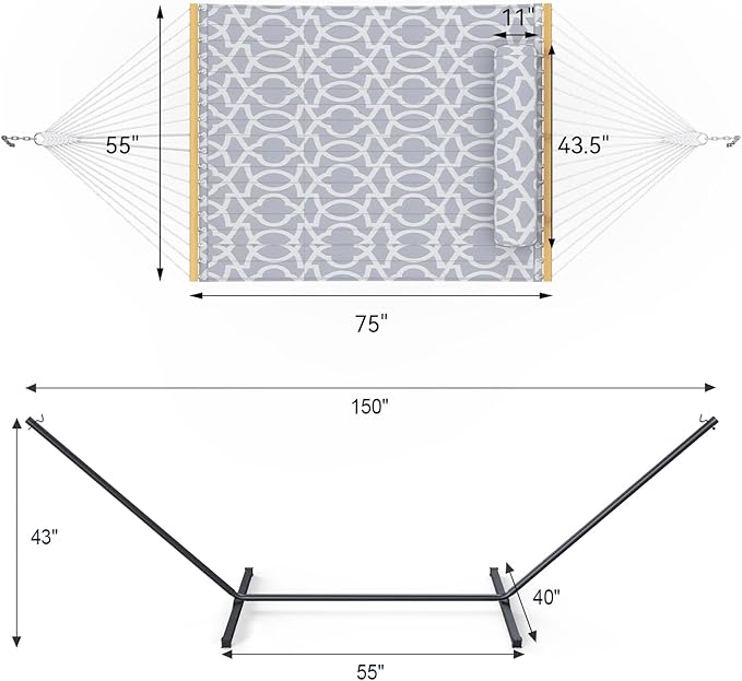 2 Person Outdoor Hammock with Stand, Cotton Rope Hammock with Polyester Pad, Adjustable Steel Frame, Portable with Carrying Bag – for Patio, Backyard, Garden, Beach, Cloud-Gray
