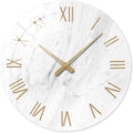 Round Marble Battery Wall Clock Modern 14 Inch White Minimalist Wall Clock for Kitchen Quartz Glass Slient Clock for Wall