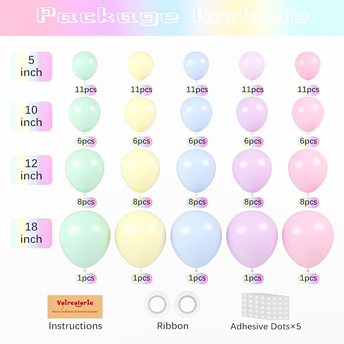 130pcs Pastel Balloons Different Sizes 18" 12" 10" 5" Macaron Latex Balloon Garland Arch Kit for Birthday Easter Baby Shower Graduation Wedding Gender Reveal Anniversary Party Decorations