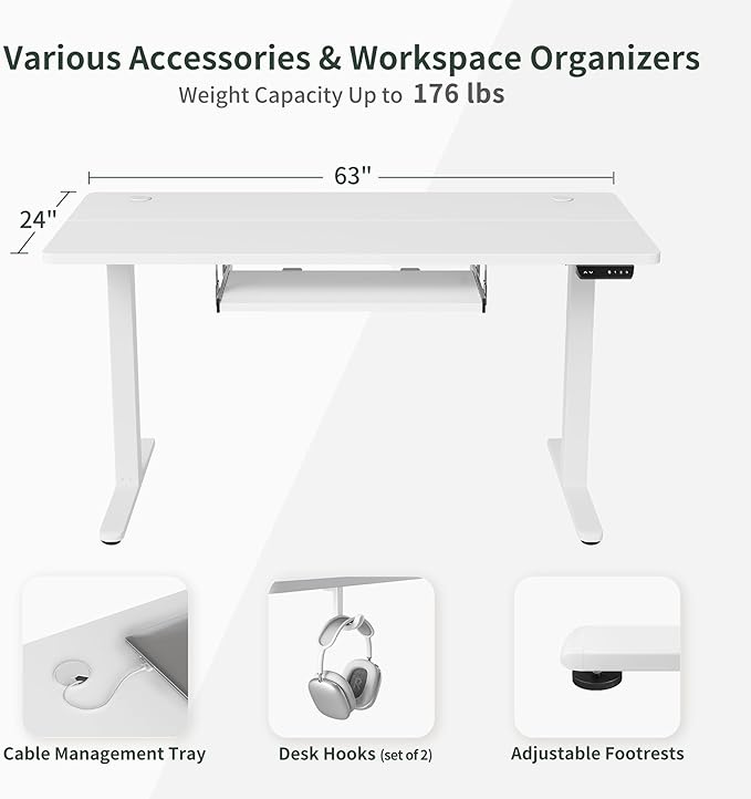 BANTI 63" x 24" Height Adjustable Electric Standing Desk with Keyboard Tray, Sit Stand up Desk with Splice Board, White Frame/White Top