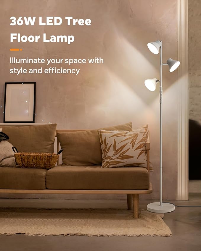 LED Tree Floor Lamp Silver, 36W Super Bright Standing Lamp with Remote Control, 4 Color Temperatures, 3 Rotatable LED Lights, Dimmable Floor Lamps for Living Room, Bedroom, Office