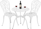 Bistro Set 3 Piece Outdoor Cast Aluminum Patio Bistro Set with Umbrella Hole, All Weather Bistro Table and Chairs Set, Small Patio Furniture Set for Garden, Porch,White
