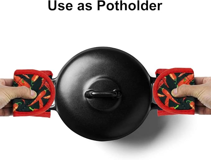 Evoio Cast Iron Skillet Pot Pan Hot Handle Covers (4-Pack Red Peppers) | Pot Handle Covers Heat Resistant Pot Skillet Hot Handle Sleeves Mitt Cover for Kitchen, BBQ and Baking Cookware