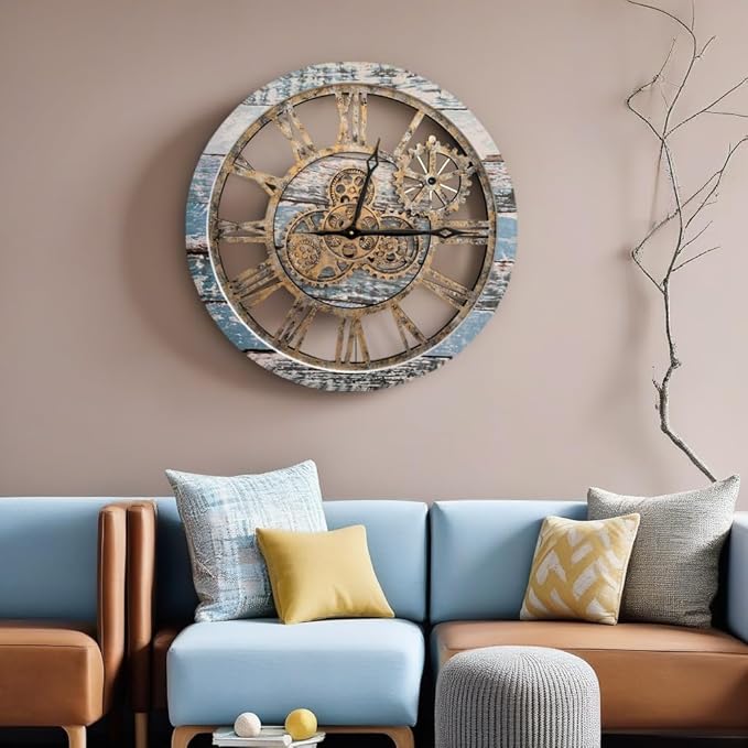 The Original Real Moving Gear Wall Clock Vintage Industrial Oversized Rustic Farmhouse (24 inch (60cm), Vintage Aqua Green and Bronze)