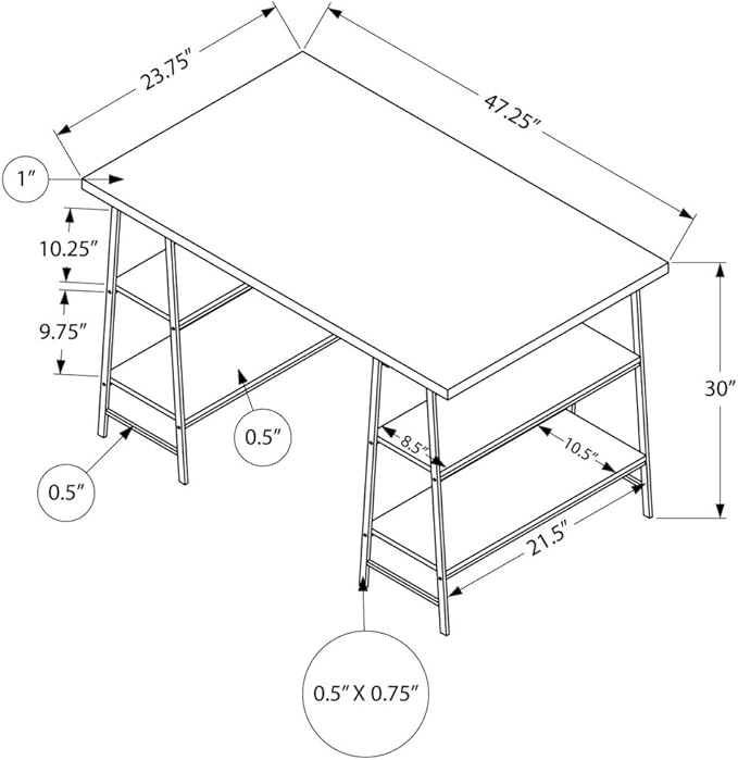 Monarch Specialties 7525 Computer Desk, Home Office, Laptop, Storage Shelves, 48" L, Work, Metal, Laminate, Black, Contemporary, Modern Desk-48, 47.25" L x 23.75" W x 30" H, Brown Reclaimed Wood-Look