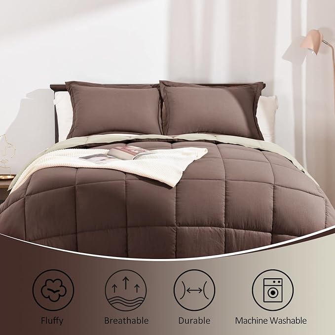 Basic Beyond Twin Comforter Set for Girls and Boys - Fluffy Twin Bed Comforter Set for All Seasons - Reversible Kids Twin Comforter Set - 2 Pieces (1 Comforter + 1 Pillow Sham) - Brown/Ivory