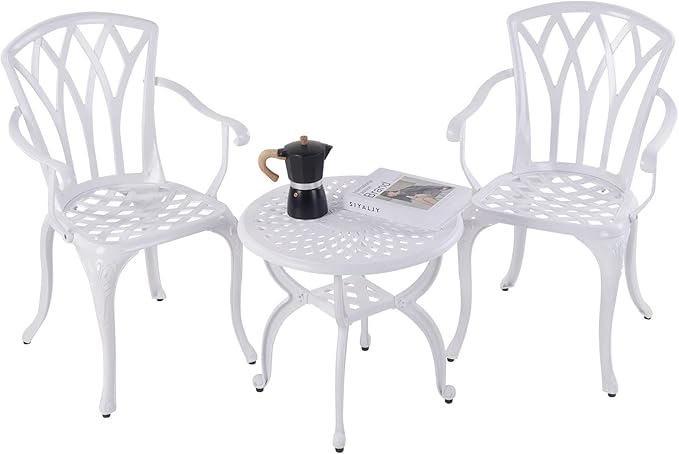 Jardin DE CENTENNAIL 3-Piece Outdoor Bistro Set Cast Aluminum Rust-Resistant Patio Furniture Armchairs Design (White)