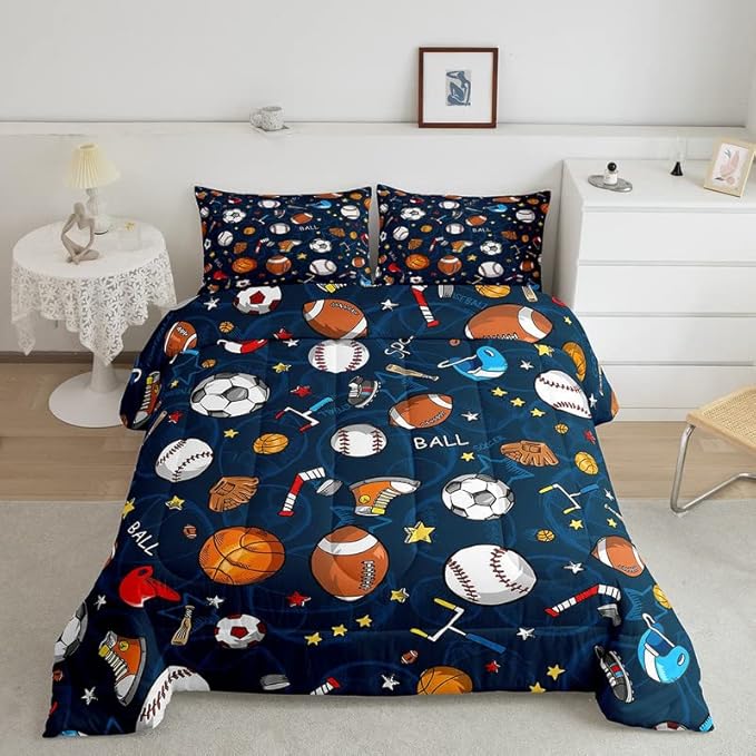 Feelyou Sports Comforter Set Blue Ball Bedding Set Baseball Football Basketball Comforter for Kids Boys Girls Competitive Games Duvet Set Room Decor Quilt King Size Boys