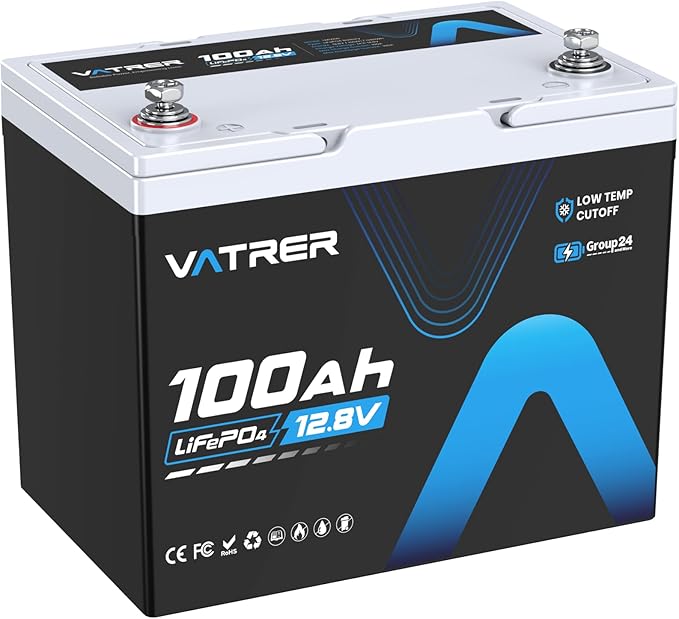 12V 100Ah Group 24 Lithium Deep Cycle Battery, 100A BMS Rechargeable LiFePO4 Battery, Low/High Temperature Cutoff Protection, 1.28kW Max Load Power for RVs, Boats, Off-Grid, Home Energy Storage
