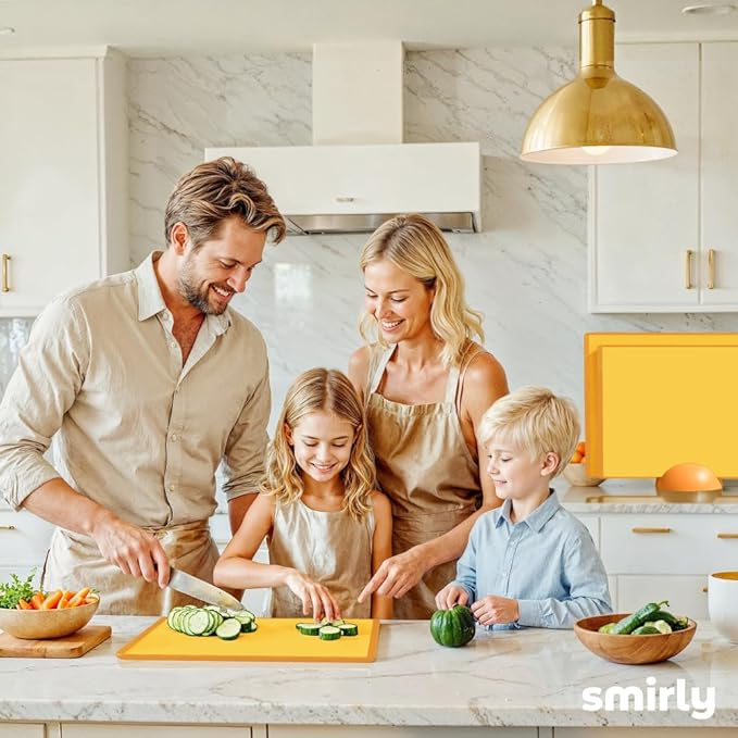 SMIRLY Plastic Cutting Board Set with Holder 3 Pieces, Non-Slip Dishwasher Safe Chopping Boards for Kitchen, Yellow