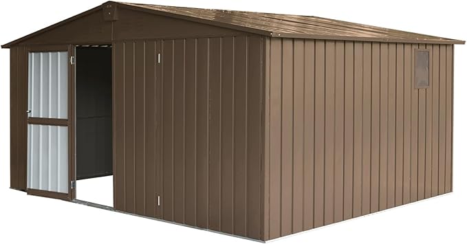 Large Storage Shed 11x12.5ft with Windows, Galvanized Steel Outdoor Garden Shed - 900 Cu.Ft Utility Tool Room, Lockable Double Doors & Sloped Roof for Patio, Backyard (Brown)