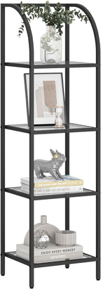 Bookcase Bookshelf, Tempered Glass Arched Bookshelf for More Storage, Slim Shelving Unit for Bedroom, Bathroom, Home Office, Steel Frame, 4 Tier Black BC20499B