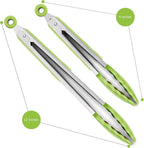 2 Pack Silicone Kitchen Tongs, 9 & 12 Inch, Stainless Steel, Light Green